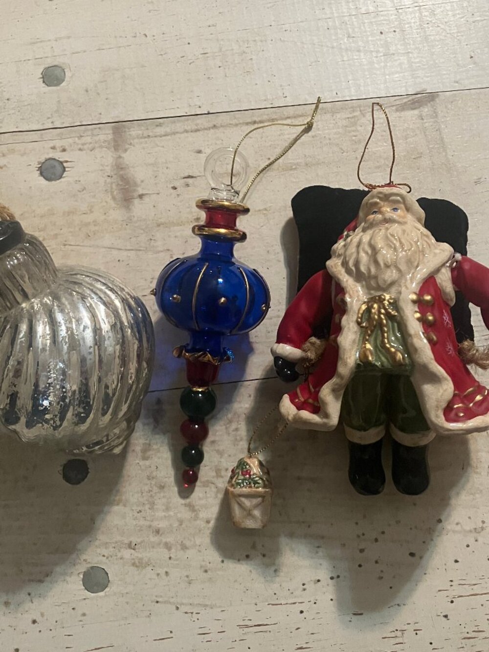 Set of 3 Glass & Ceramic Large Christmas Ornaments Articulated Santa